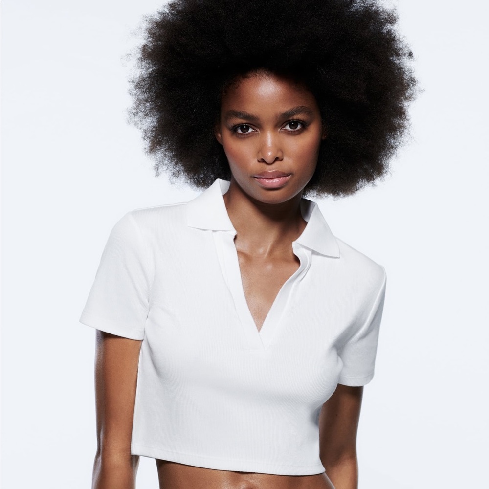 WHITE RIBBED POLO CROP TOP FROM ZARA